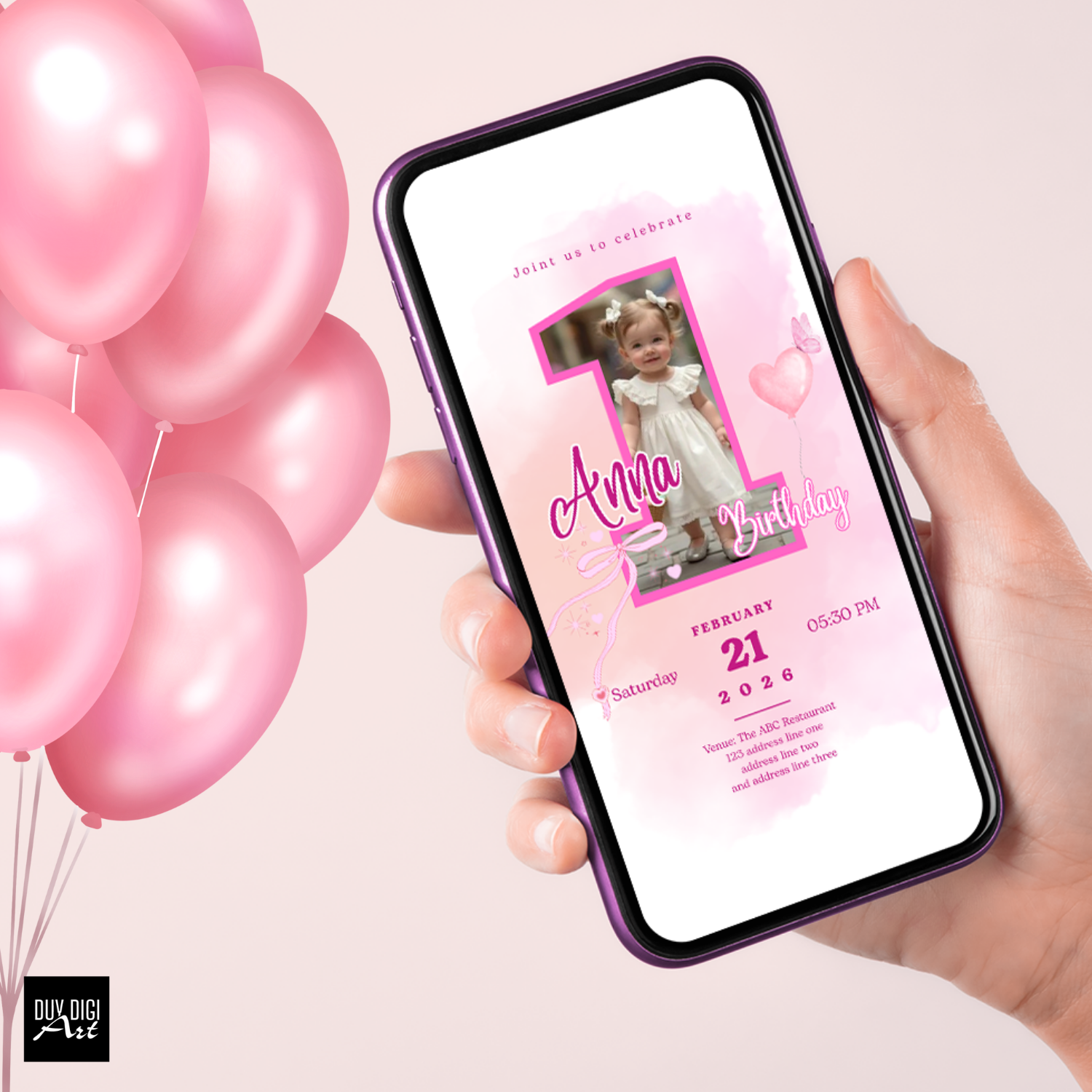 1st birthday 001 - Banner1 1 Year Baby Girl Birthday Invitation Template, First birthday, canva template, Editable Invitation, Mobile Invitation, Kid Party Invitation