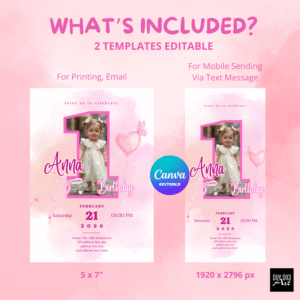 1 Year Baby Girl Birthday Invitation Template, First birthday, canva template, Editable Invitation, Mobile Invitation, Kid Party Invitation