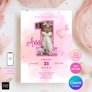 1 Year Baby Girl Birthday Invitation Template, First birthday, canva template, Editable Invitation, Mobile Invitation, Kid Party Invitation