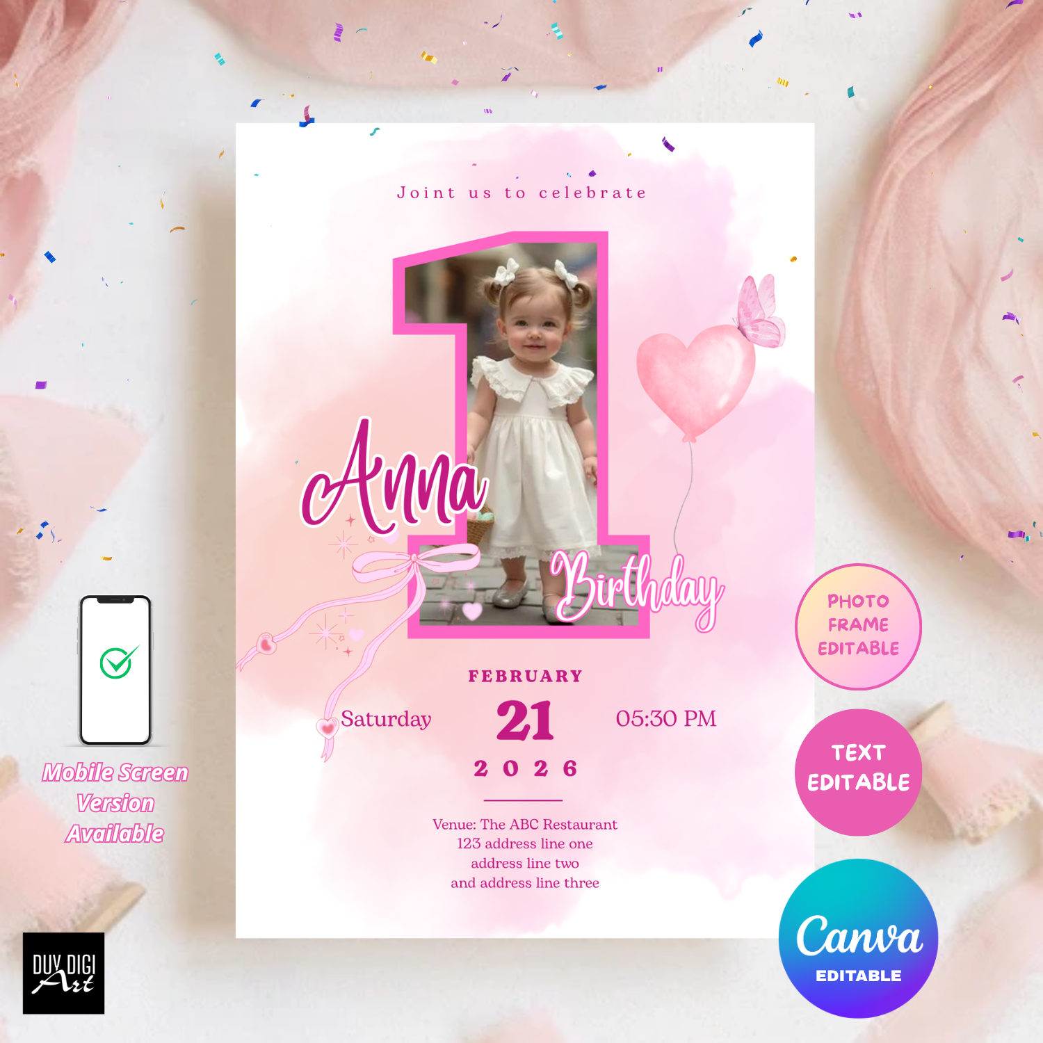 1st birthday 001 - Cover 1 Year Baby Girl Birthday Invitation Template, First birthday, canva template, Editable Invitation, Mobile Invitation, Kid Party Invitation