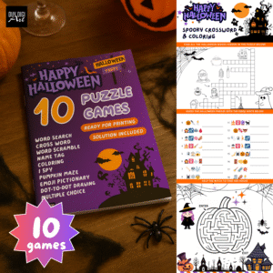 10 Halloween Kids Activity Pack; Halloween Puzzles; Kids Word Search, Crossword Puzzles; Halloween Trivia; Halloween Games, Halloween Maze