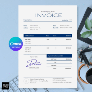 Blue Freelance Job Invoice Template, Printable Invoice, Order Form, Small Business Form, Minimalist Modern Invoice, Canva Template