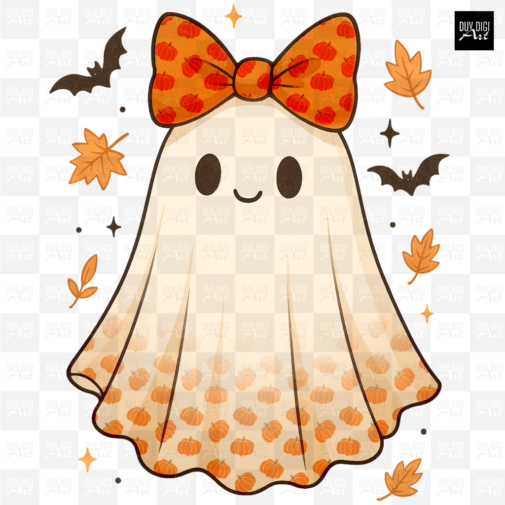 Ghost Girl Cute - Artwork Watermark Ghost Conquette Orange Bow PNG | Halloween Character PNG