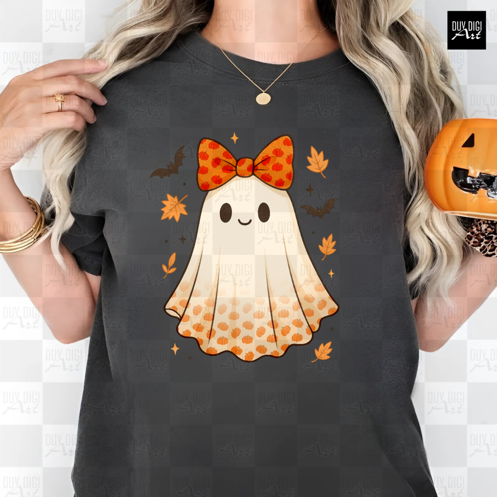 Halloween Cute Ghost - Banner - 2 Ghost Conquette Orange Bow PNG | Halloween Character PNG