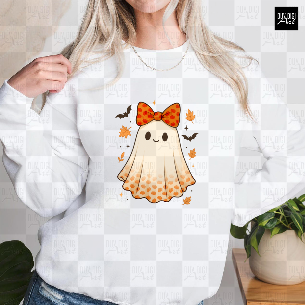 Halloween Cute Ghost - Banner - 4 Ghost Conquette Orange Bow PNG | Halloween Character PNG