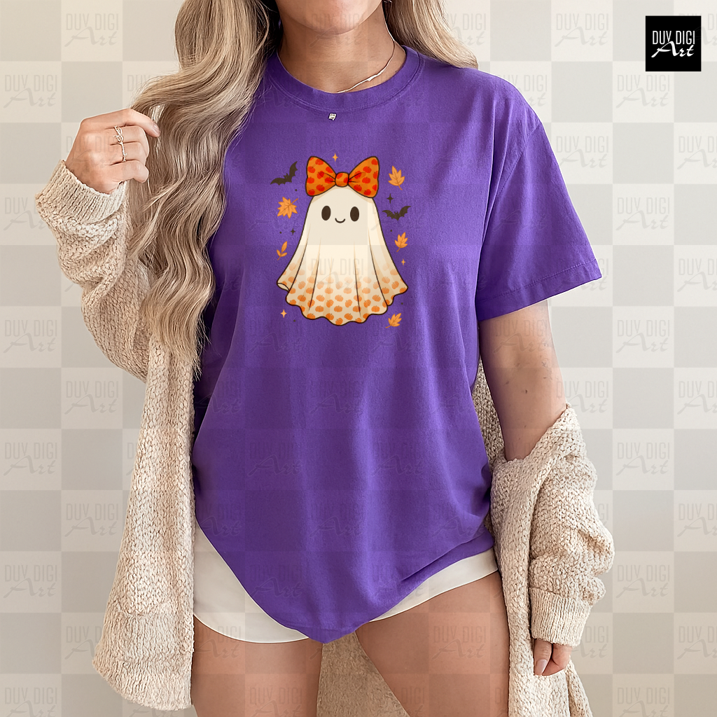Halloween Cute Ghost - Banner - 5 Ghost Conquette Orange Bow PNG | Halloween Character PNG